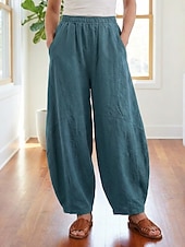 billiga Premium Linnekollektion-Dam Byxor av linne i bomull Kinesiska Sommarbyxor underbyxor Semester Streetwear Grundläggande Fullängd Medium Midja Slät Ficka Elastiskt midjeband Bekväm Komfort Microelastisk Dagligen Utomhus Gata