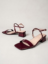 preiswerte Absatzsandalen-Elegante Damen-Sandalen mit Blockabsatz und Knöchelriemen aus burgunderrotem Lackleder – elegante Schuhe mit eckiger Spitze für Abende im Resort und Dinnerpartys.