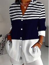 billiga Randiga och geometriska blusar-Dam Skjorta Blus Lappverk Knappar Mönster Grafisk Geometrisk Rutig Vintage Tropisk Dagligen Långärmad Tröjkrage Långa toppar Dagligen Blå Svart Rubinrött Marinblå Orange Sommar Vår