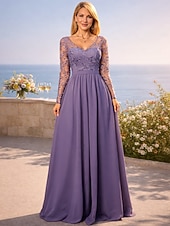 tanie Długość podłogi-Krój A Sięgająca podłoża Sukienka dla gościa weselnego Suknia Suknia wieczorowa Sukienka dla matki panny młodej Długi rękaw W serek Elegancja Studniówka Wieczorna impreza Ślub Szyfon z Plisy