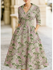 baratos Comprimento do chá-Linha A Longuette Vestido de festa Vestido Coquetel Vestido de convidada de casamento Vestidos de noite Elegante Vintage Manga 3/4 Colarinho de Camisa Casamento Formal Jacquard com Bolsos