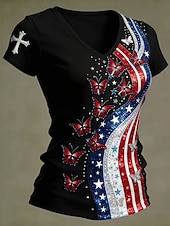  Ημέρα Αμερικανικής Ανεξαρτησίας Γυναικεία Μπλουζάκι Στάμπα Γραφική Σημαία Στυλάτο Κλασσικό Καθημερινό Κοντομάνικο Λαιμόκοψη V Κανονικά μπλουζάκια Καθημερινά Μαύρο Ρουμπίνι Πράσινο του τριφυλλιού
