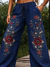  Femmes Pantalon boho Slacks Occasionnel Boho Longueur complète Naturel Fleur Avec Poches Taille Élastique Impression Confortable Extérieur Tenue quotidienne Sortir Bleu Vert Beige Été Coupe régulière