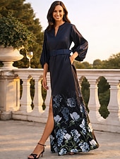  A-Line Floor Length Wedding Guest Dress Formal Dresses Evening Gown Mother of the Bride Dress Short Sleeve V Neck Elegant Vintage Wedding Formal Satin with Floral Print