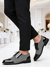 economico Scarpe Derby-scarpe formali da uomo in similpelle a quadri bianchi e neri, calzature da matrimonio e da cerimonia per uomo