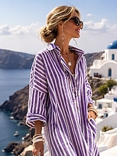 billige Essensielle falske kjoler-dame maxikjole skjortekjole i imitert bomullslin kaftankjole avslappet kjole stilig avslappet daglig ferie stevnemøte normal passform stripete langermet slag gul lysegrønn rød kongeblå sommer