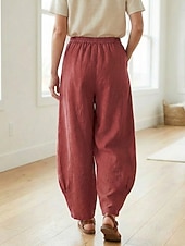 preiswerte Premium-Leinen-Kollektion-Damen-Leinenhose aus 70 % Leinen, weites Bein, Chino-Stil, Sommerhose, Urlaubshose, Streetwear, Basic, lange Länge, mittlere Bundhöhe, schlicht, Tasche, elastischer Bund, bequem, komfortabel, nicht elastisch, für Alltag, Outdoor, Straße, Bordeauxrot, Azur