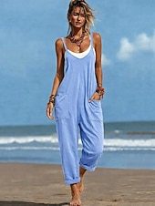 お買い得  バケーションジャンプスーツ-女性用 標準 ジャンプスーツ 活発的 純色 ノースリーブ Ｖネック ポケット 日常 ビーチ ルーズフィット ブラック ワイン パープル 夏