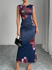 voordelige Bloemenjurk-Dames Maxi-jurk Satijnen Jurk Bodycon Bloemetjesjurk Jurk met print Elegant Modieus Modern Buiten Vakantie Feest Normale pasvorm Bloemig Mouwloos Strakke ronde hals Marineblauw Zomer Lente