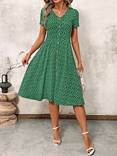 economico Abiti floreali-Per donna Abito Midi Abito a trapezio Vacanza Casual All'aperto Uscire Vestibilità regolare A Pois Manica Corta Scollo a V blu navy Nero Rosso Verde Estate Primavera