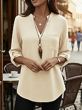 tanie Luksusowe koszule-Damskie Koszule bawełniane lniane Letnie szczyty Bluzka Eleganckie topy Z marszczeniami Niejednolita całość Kieszeń Jednokolorowe Równina Elegancja Zabytkowe damska Rękaw 3/4 Kołnierzyk koszuli