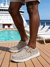 voordelige Heren-Beige espadrille slip-ons voor heren, ademend bovenwerk van textiel, comfortabele jute zool, casual stijl voor eiland- en cruisevakanties, strand- en resortactiviteiten.