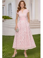 abordables Longitud a la altura del tobillo-Corte A Vestidos Hasta el Tobillo Vestido Cóctel Vestido Invitada Boda Vestido de Madrina Manga Corta Escote en Pico Escote Barco Elegante Casual Formal con Bordados Apliques