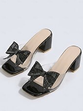abordables Mujeres-Sandalias negras de tacón cuadrado para mujer con lazo de malla de diamantes de imitación: elegantes sandalias con tiras transparentes y punta cuadrada para noches de resort, cenas y bodas de verano.