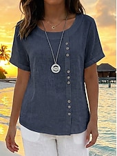 baratos Camisas-Women's Shirt Cotton Blend Blouse Buttons Plain Basic Modern Short Sleeve Crew Neck Regular Tops Daily Holiday Blue White Pink Orange Green Summer
