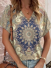 billige Boho t-skjorte-Dame T skjorte Trykt mønster Grafisk Geometrisk Paisly Årgang Stilfull Fritid Kortermet V-hals Vanlige topper Daglig Helg Ferieklær Blå Gul Vin Brun Sommer Vår