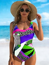 Недорогие Монокини-Жен. Купальники Один кусочек Высокий вырез купальник Одежда для пляжа лето Графика Геометрический принт U-образный вырез Без рукавов Купальники