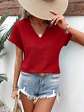 baratos Camiseta lisa-Mulheres Camiseta T-shirt Côr Sólida Moda à moda Clássico Manga Curta Decote V Tops regulares Diário Para Noite Final de semana Rosa Verde Tropa Vermelho Marron Verde Verão Primavera