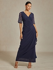 halpa Yksinkertainen mekko-Naisten Maksimekko Kotelomekko Tyylikäs Yhtenäinen väri Lyhythihainen V kaula-aukko Laivaston sininen