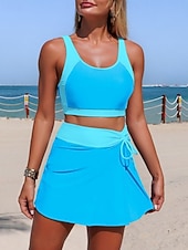 abordables Conjuntos de bikini-Mujer Bañadores Bikini 2 piezas Falda Traje de baño Control de barriga Alta cintura Delgado Espalda al Aire Vacaciones Ropa de playa Color sólido Camiseta con cuello redondo Sin Mangas Trajes de baño