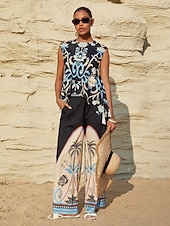 Χαμηλού Κόστους Γραφικό Τανκ-καλοκαιρινή νύχτα φοίνικα μεταξωτό σατέν τοπ διακοπών