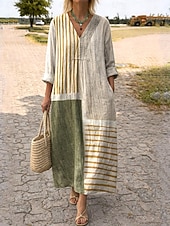 economico Abiti da vacanza-Abito Midi da Donna V Collo Maniche Lunghe Kaftan Leggero Comodo A Line Abito Casual Boho Uscita Grafica Geometrica Strisce Maniche Lunghe V Collo Arancione Rosso Nero Giallo Rosa