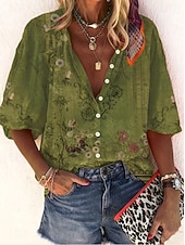 Недорогие Цветочные блузки-Жен. Рубашка С принтом Омбре Цветочный принт Графика Богемия Винтаж Повседневные Рукав 3/4 V-образный вырез Обычные топы Повседневные Праздники Одежда для пляжа