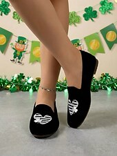  レディース セントパトリックスデー クローバーハートプリント 軽量フラットシューズ - アイルランドのパレード、ホリデーパーティー、旅行に最適な伸縮性のあるニットスリッポンシューズ &毎日の散歩