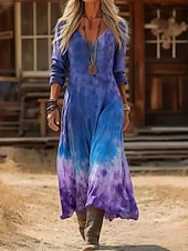 baratos Vestido Boho Étnico-Mulheres Vestido maxi longo Vestido Boho Vestido antigo Vestido casual Vintage Diário Ao ar livre Férias Normal Tintura Tie Dye Manga Longa Decote V Azul Primavera Outono