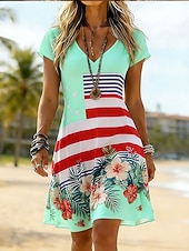  Giorno dell'Indipendenza Americana Per donna Abito al ginocchio Vestito Estivo Vestito T-Shirt Abito a trapezio Vacanza Casual Boho Spiaggia Vestibilità regolare Floreale Grafico Bandiera Manica Corta
