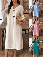 abordables Vestido Sencillo-Mujer Vestido Midi Vestido de cambio Vestido informal Vestido de Algodón Moda Moderno Diario Fin de semana Holgado Plano Manga Larga Escote en Pico Azul Piscina Blanco Rosa Verde Trébol Verano