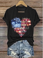  Amerykański Dzień Niepodległości Damskie Podkoszulek Nadruk Graficzny Flaga Zabytkowe Elegancki Klasyczny Krótki rękaw W serek Zwykłe topy Codzienny Niebieski Czarny Biały Czerwony Lato Wiosna