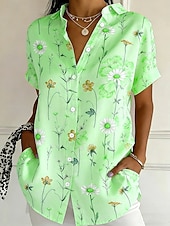 Χαμηλού Κόστους Λουλουδάτες μπλούζες-Γυναικεία Πουκάμισο Κουμπιά Στάμπα Φλοράλ Γραφική Βίντατζ Στυλάτο Μοντέρνα Κοντομάνικο Κολάρο Πουκαμίσου Κανονικά μπλουζάκια Καθημερινά Θαλασσί Κίτρινο Ανθισμένο Ροζ Βυσσινί Πράσινο του τριφυλλιού