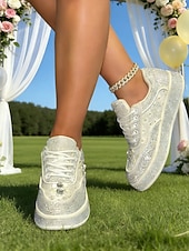 cheap Bride-Women's Silver Crystal Platform Wedding Sneakers – Modern Bridal Shoes for Outdoor Garden Weddings