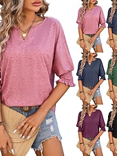 preiswerte Einfarbiges T-Shirt-Damen T Shirt Rüsche Einfarbig Vintage Stilvoll Klassisch Dreiviertelarm V Ausschnitt Normale Oberteile Täglich Schwarz Rosa Marineblau Fuchsie Grün Sommer Frühling