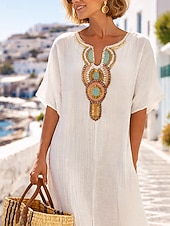 voordelige Jurken-Dames Lange jurk maxi-jurk Maxi-jurk Jurken met linnenlook Hemdjurk Witte jurk Casual jurk Basic Casual Dagelijks Buiten Feestdagen Normale pasvorm Geometrisch Halve mouw V-hals blauw Wit Geel