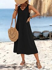 voordelige Witte jurk-Dames Halflange jurk Hemdjurk Zomerjurk Casual Dagelijks Ruim Passend Effen Mouwloos V-hals Zwart Wijn Beige Zomer
