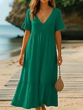 ieftine Rochie simplă-Pentru femei Rochii Midi Rochie casual Rochie din Bumbac Rochie A line Modă Modern Zilnic Plajă Vacanță Potrivire Largă Simplu Manșon scurt În V Albastru piscină Alb Portocaliu Trifoi Vară Primăvară