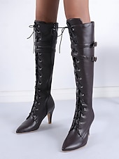 preiswerte Modische Stiefel-Kniehohe Schnürstiefel aus Leder für Damen mit schmalem Absatz – schicke Stiefel im Ausgeh-Stil, perfekt für Partys, Clubs, Abendveranstaltungen und Ausgeh-Looks.
