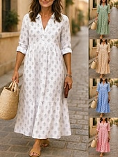 baratos Vestidos Falsos Essenciais-Mulheres Vestido maxi longo Linho de algodão sintético Vestido casual Vestido A Line Moda Moderno Diário Férias Para Noite Normal Folha Manga Longa Colarinho de Camisa Azul Amarelo Claro Branco Rosa