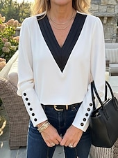 economico Bluse Semplici-Per donna Blusa Bottoni Blocco di colori Elegante Moderno Manica Lunga Manica a Lanterna Scollo a V Lavoro Bianco Rosa Rosso Beige Primavera Autunno