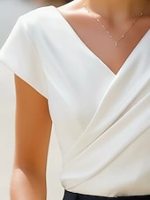 preiswerte Einfache Blusen-Damen Sommerhemd Kleidhemd Bluse Kreuz und quer Einfarbig Elegant Stilvoll Basic Kurzarm V Ausschnitt Normale Oberteile Täglich Outdoor Arbeit Weiß Sommer Frühling