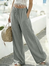 baratos Partes inferiores-Calça feminina de verão 100% algodão, casual, comprimento total, cós elástico natural, design com cordão elástico, sem elástico, nas cores branco leitoso, carmim e verde escuro, para primavera e outono.