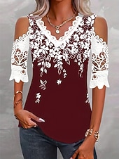 economico Bluse Floreali-Per donna Top con cuciture in pizzo Blusa Pizzo Stampato Floreale Elegante Casual Manica Corta Scollo a V Top Regolari Quotidiano Blu Nero Rosso Viola Estate Primavera