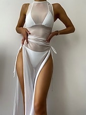 رخيصةأون طقم بيكيني مكون من 3 قطع-نسائي ملابس السباحة ثلاث قطع ملابس السباحة مكشكش بدون ظهر العطلة ملابس الشاطئ سهل الرقبة الرسن بدون كم بدلة سباحة