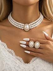 Недорогие Свадьба ACC-Женский комплект из ожерелья и сережек из искусственного жемчуга, винтажное элегантное многослойное колье-чокер с овальным кулоном, классические свадебные украшения для свадьбы, вечерних вечеринок и торжественных мероприятий.