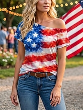  250º Aniversario de EE. UU. Retro Antiguo Años 80 T-Shirt Un Hombro Mangas cortas Bandera de USA Disfraz Mujer 4 de julio Día de la Independencia Adulto Camiseta