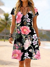 abordables Vestidos florales-Mujer Vestido hasta la Rodilla Vestido de verano Vestido estilo camiseta Vestido de una línea Vacaciones Casual Boho Playa Ajuste regular Floral Graphic Manga Corta Escote en Pico Azul Piscina Rosa