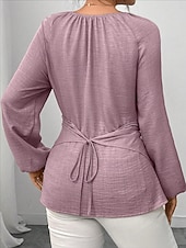 cheap Plain Blouses-Women's Blouse Ruched Plain Elegant Stylish Basic Long Sleeve Crew Neck Regular Tops Daily Streetwear Black Pink Wine Green Khaki Spring Fall