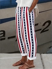  Unabhängigkeitstag Patriotische Damen Hosen Hose Urlaub Vintage Ethnischer Stil Voll Länge Hohe Taille Hosen Floral Amerikanische Flagge Kordelzug Seitentaschen Druck Atmungsaktiv Komfortabel